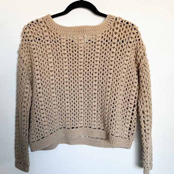 Koka Open Knit Festival Boho Open Knit Sweater Small Tan Khaki Artsy Crochet - Picture 6 of 6